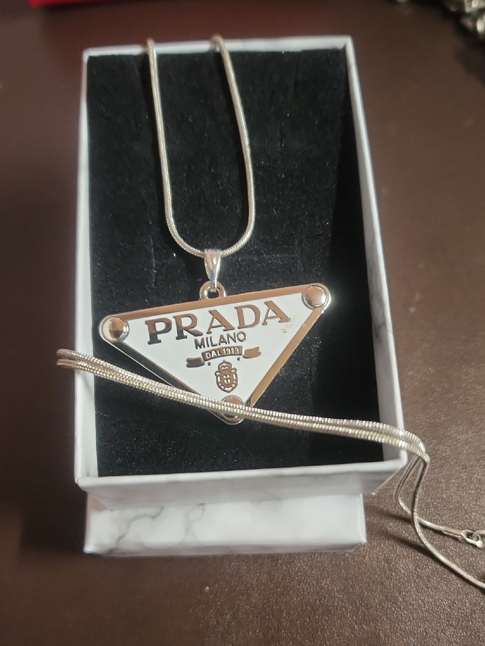 Prada White Enamel Triangle Charm W/added 22" Necklace Marked 925. Reg.# On Back - Picture 6 of 6